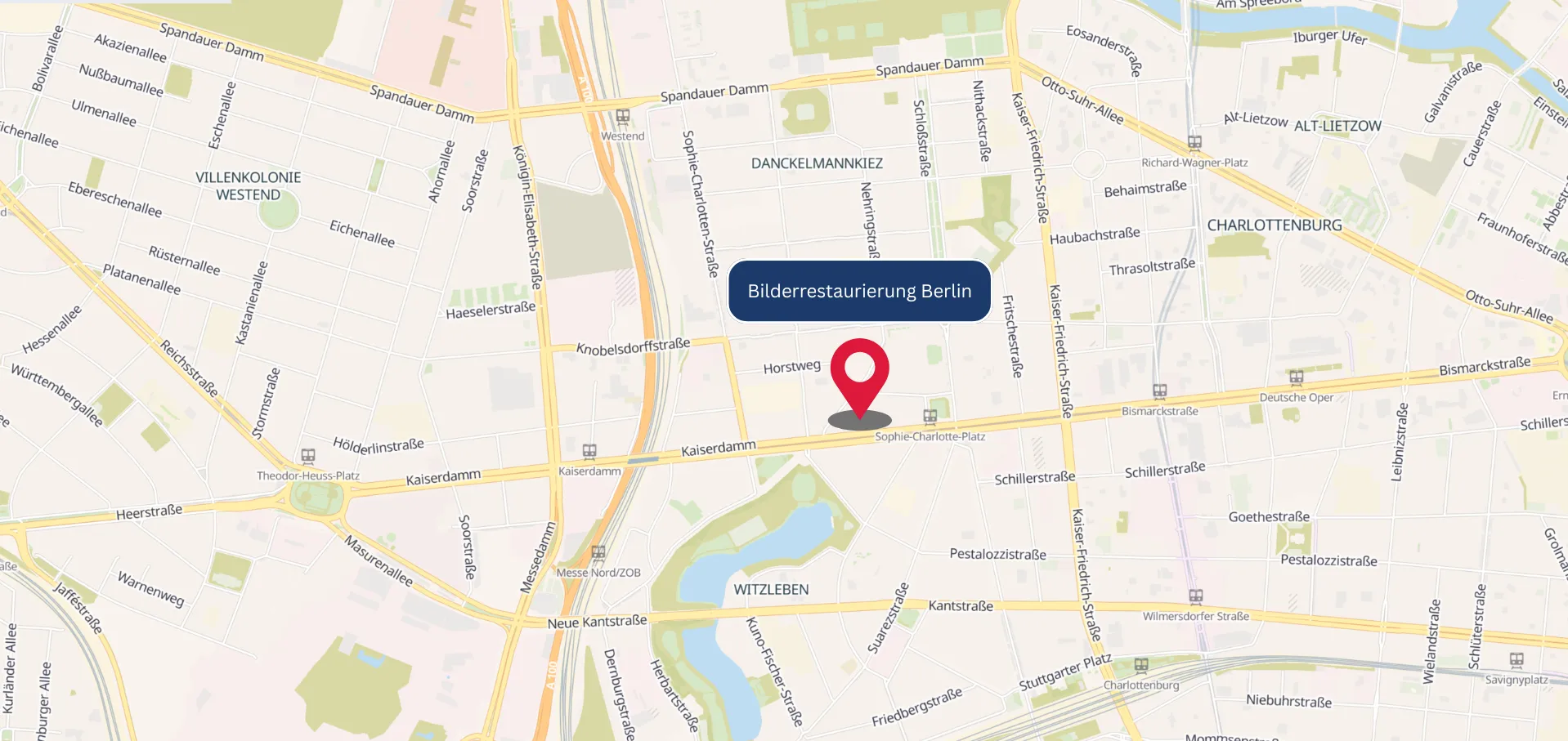 Lage der Bilderrestaurierung Berlin am Kaiserdamm nahe Sophie-Charlotte-Platz