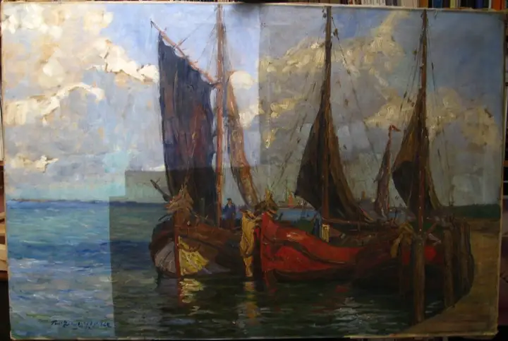 Detail eines Segelschiff Gemäldes während der Reinigung